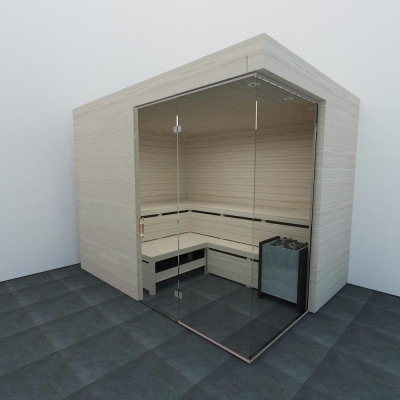 Glazen saunawand in hoek | RVS